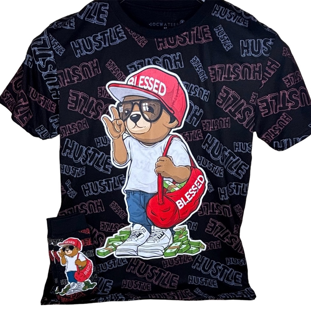 Socwatees Men’s Hustle Blessed  Graphic T-shirt & Socks Set Black Size Medium